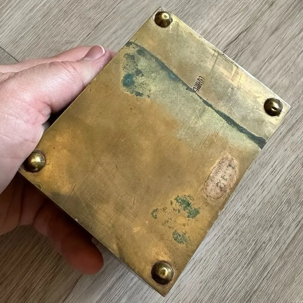 Antique Rich Colorful Hand Painted Ceramic Tile & Brass Wood Lined Trinket Box